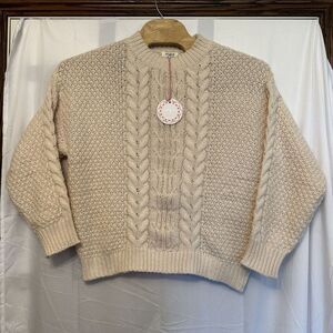 Umgee Mock CrewNeck Cable Knit Ivory Sweater Size Large Oversized NWT‎